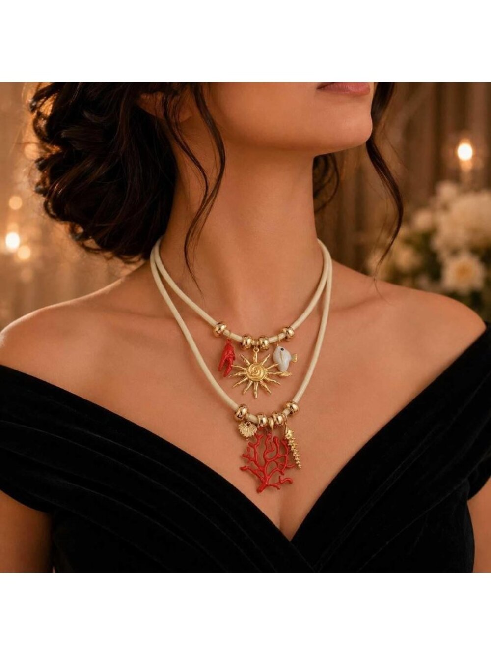 Zara Coastal Marine Sunburst Charm Gold Red Layered Cord Necklace 1856/076 NWT
